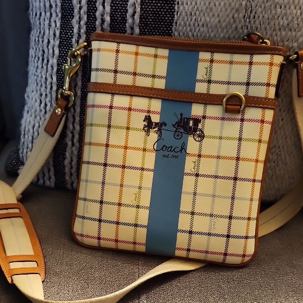 Coach Crossbody Bag with Plaid Design - Cream, Blue, Brown
